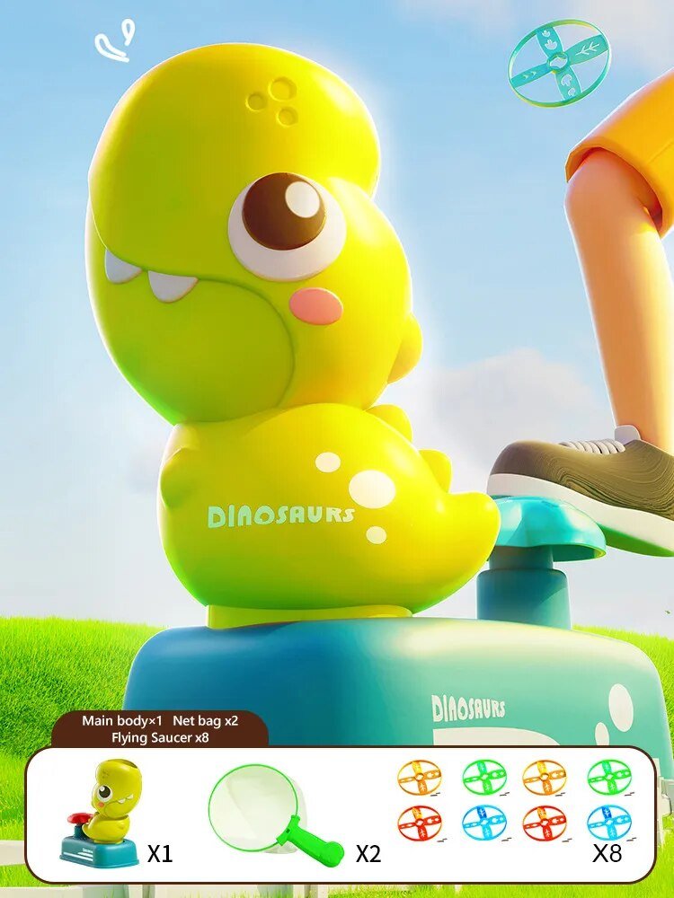 Toy dinosaur figure with a blue base on a grassy field (option 2)