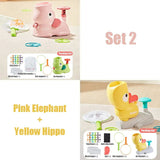Bath toy set with pink elephant and yellow hippo.