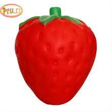 Red strawberry squishy toy for slow rising squeeze play, gifting, and classroom fidget breaks.