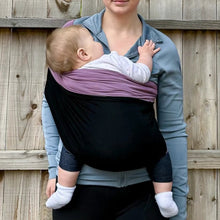 Stretchy Baby Carrier Sling in black and purple worn front-facing for hands-free babywearing, soothing, and daily errands.
