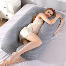 Sleeping Support Pillow in striped grey, a maternity U shaped body pillow for supported pregnancy sleeping.