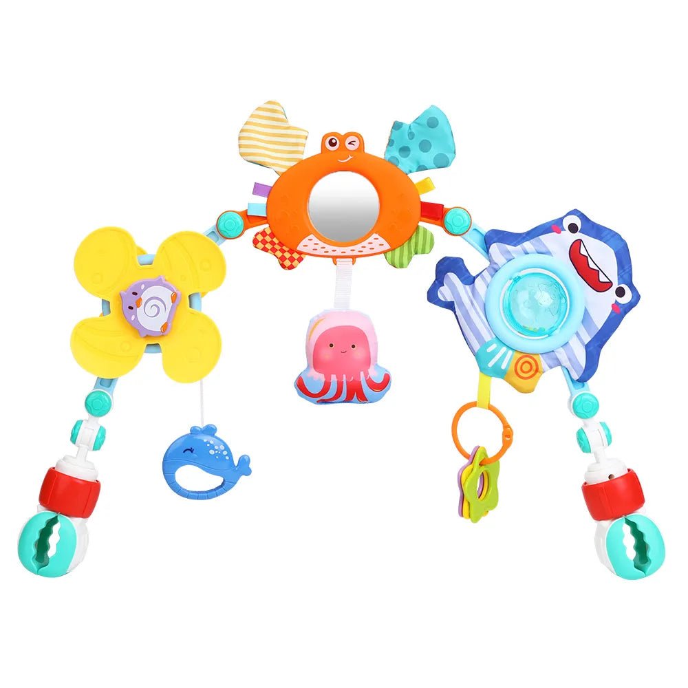Colorful baby crib mobile with various sea-themed toys 