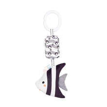 Stroller activity arch toy with a fish-shaped keychain detail for chimes and squeaker play.