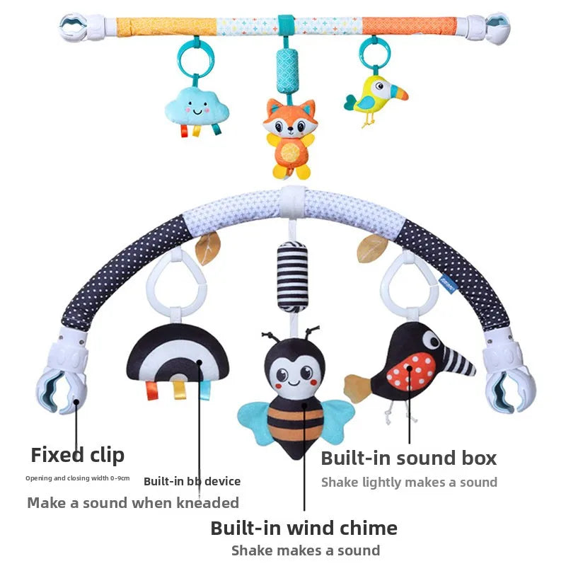 Stroller arch toy for infants with chimes and squeaker, features labeled for parents.