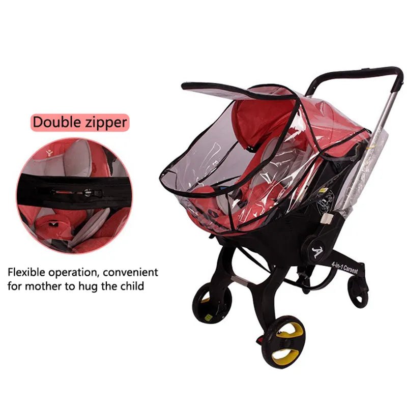 Baby stroller with double-zipper transparent rain cover for easy access during rainy outings.