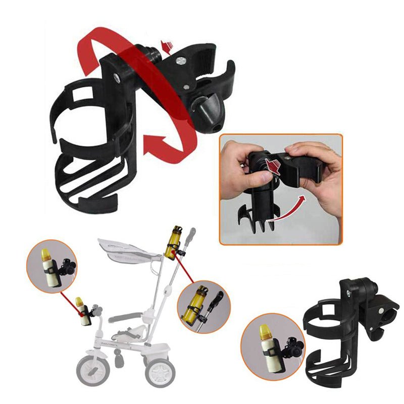 Stroller cup holder with 360 degree rotation and red accent detail for adjustable drink positioning on outings.