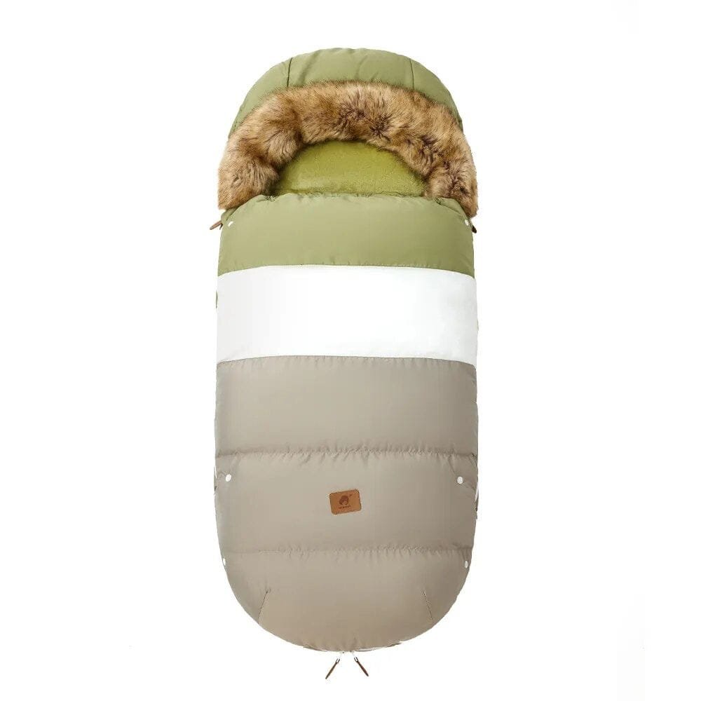 Green and beige stroller footmuff with brown fur collar, fitting bouncers and prams for warm winter seating.