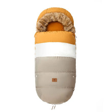 Mustard and beige stroller footmuff with fur-lined hood, a full-body sleeping bag for winter pram naps outdoors.