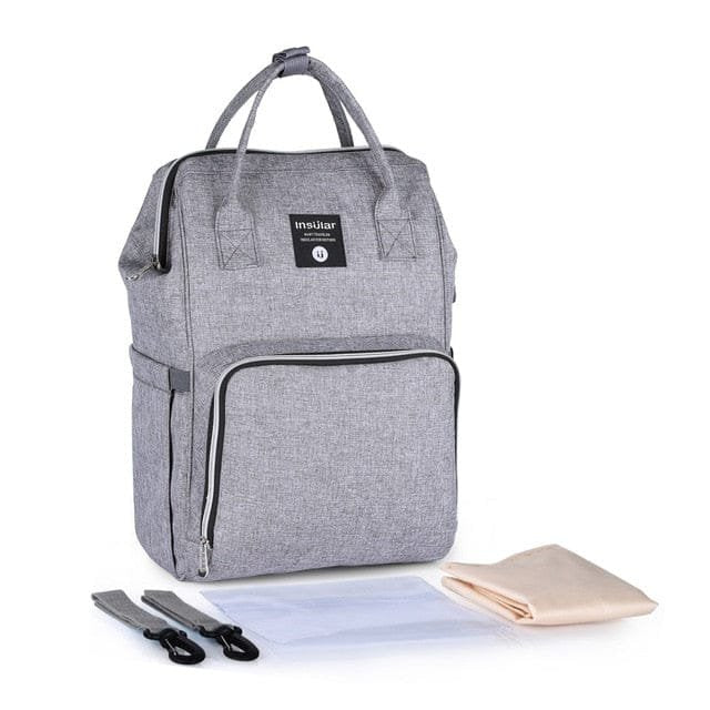 Stroller Waterproof Outdoor Travel Diaper Bag in grey with accessories for organising nappies, wipes, and bottles on days out.