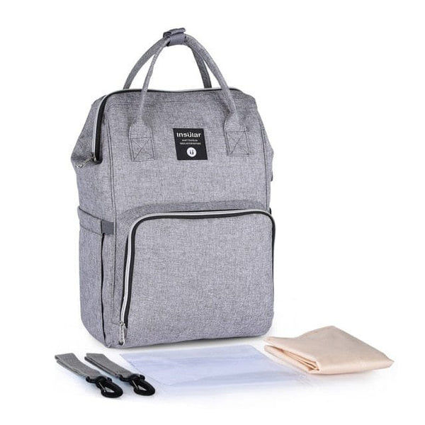 Stroller Waterproof Outdoor Travel Diaper Bag in grey with accessories for organising nappies, wipes, and bottles on days out.