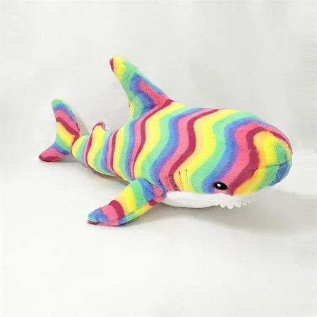 Colorful striped shark plush toy.