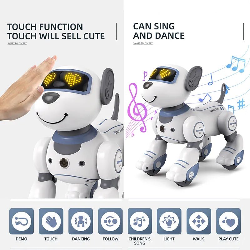 Remote control stunt robot dog toy with voice commands featuring a touch screen for dance tricks.