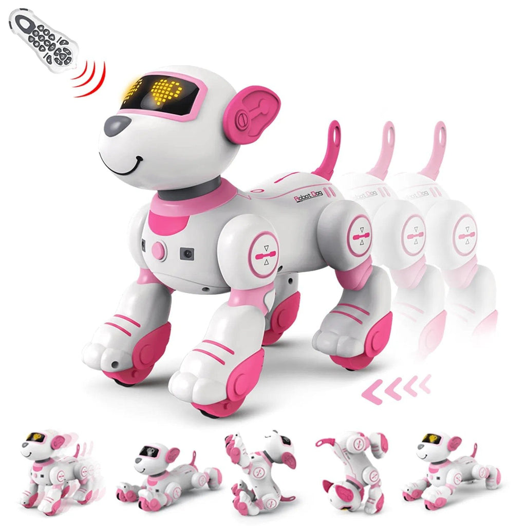 White and pink robot dog with remote control.