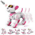 White and pink robot dog with remote control.