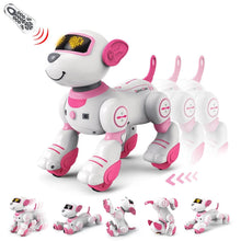 White and pink robot dog with remote control.