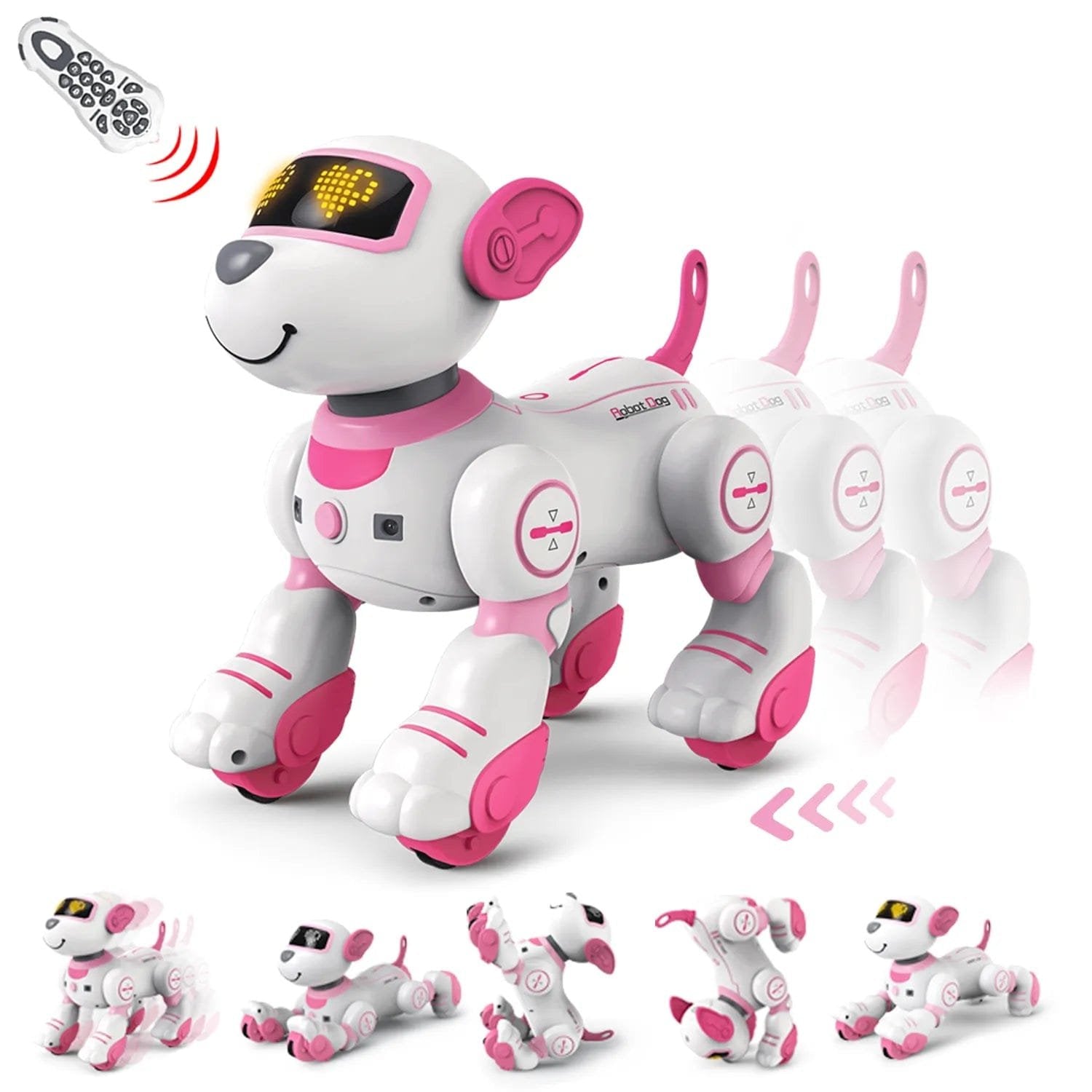 White and pink robot dog with remote control.