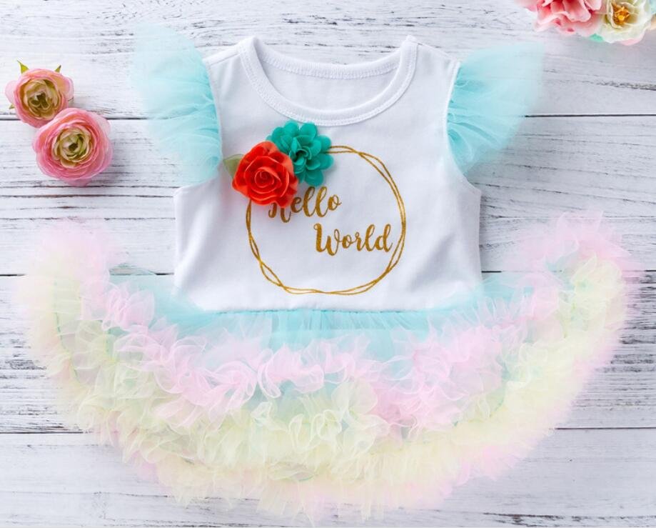 Baby outfit with 'Hello World' text and floral design