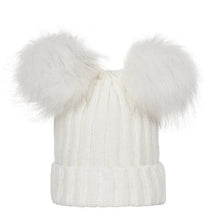 White knit beanie with fluffy pom-poms 