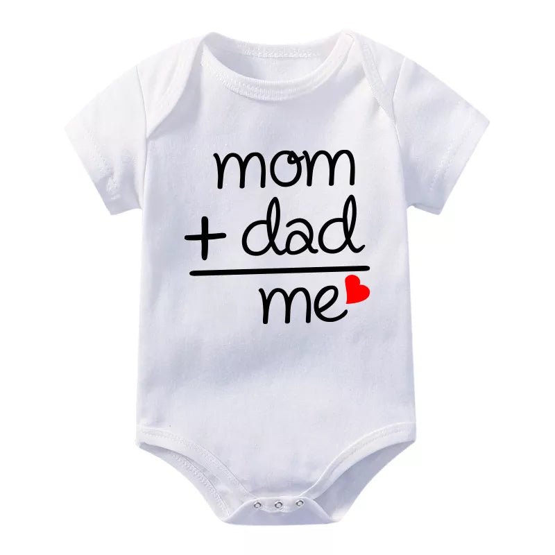 White baby onesie with 'mom + dad = me' text and a heart (option 2)