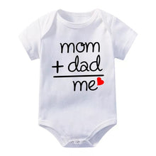 White baby onesie with 'mom + dad = me' text and a heart (option 2)