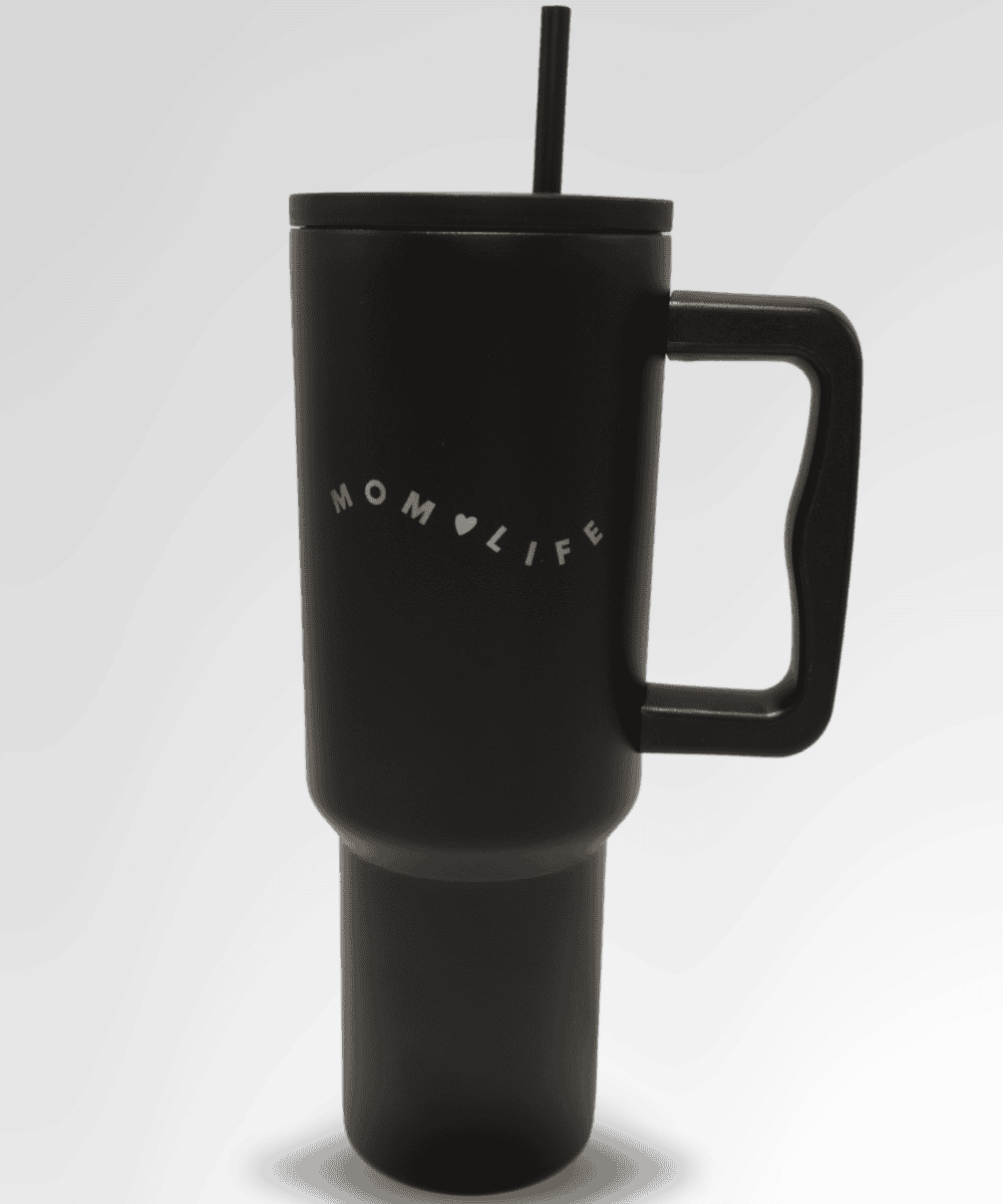 Black travel mug with 'MOM LIFE' text 