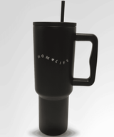 Black travel mug with 'MOM LIFE' text 