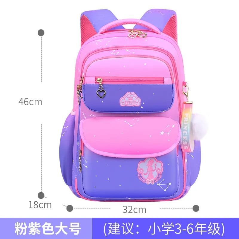 Pink and purple backpack with measurements