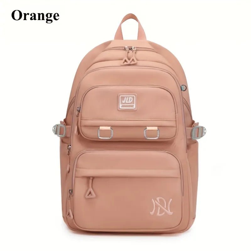 Pink backpack with visible brand logos. (option 2)