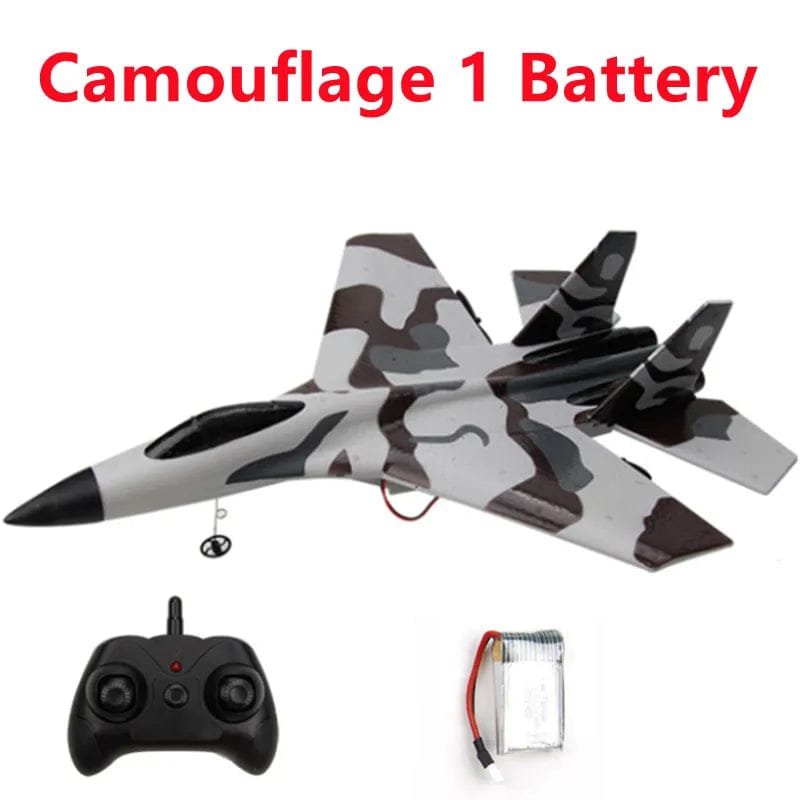 SU-35 RC Plane with LED 2.4G Remote Control Glider camouflage version with remote and battery for outdoor flying practice.