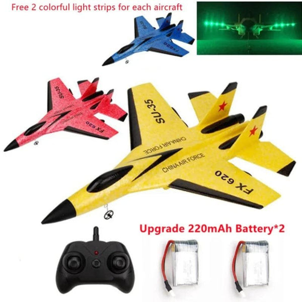SU-35 RC Plane with LED 2.4G Remote Control Glider shown with remote and batteries for outdoor flying fun and kids gifting.
