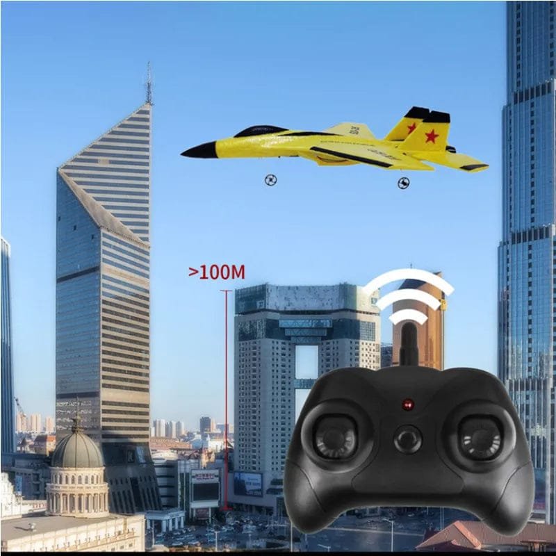 SU-35 RC Plane with LED 2.4G Remote Control Glider yellow jet in flight for outdoor play, parks, and open-field flying.