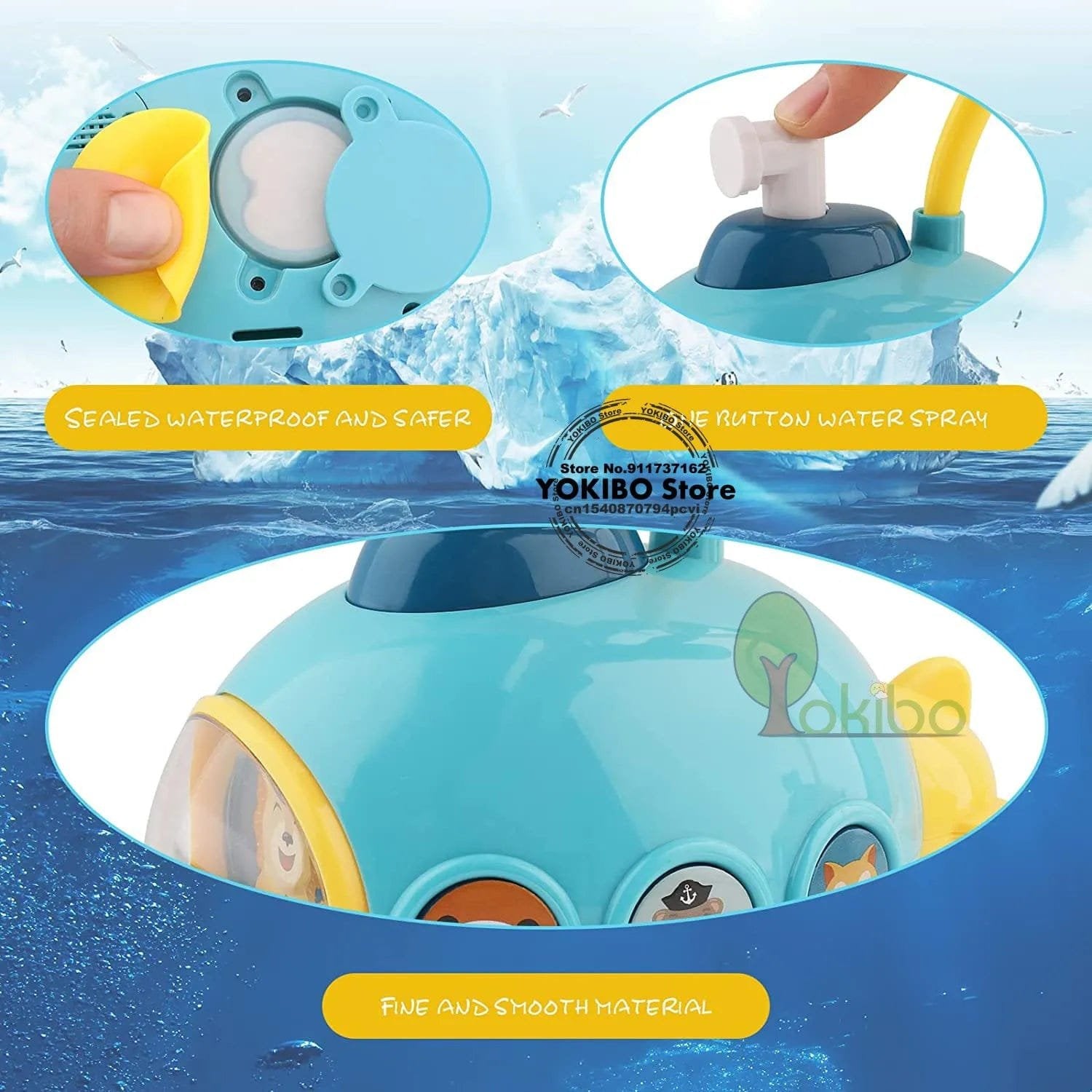 Submarine Baby Bath Shower Toy spray set feature detail for entertaining toddlers and speeding up rinse time.