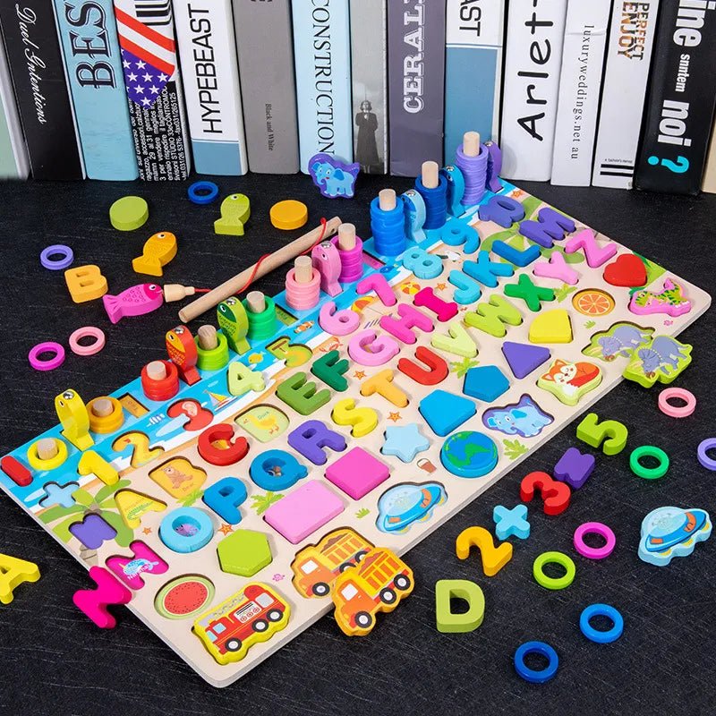 Montessori subtraction puzzle board with numbers and letters for toddlers practicing early arithmetic skills.