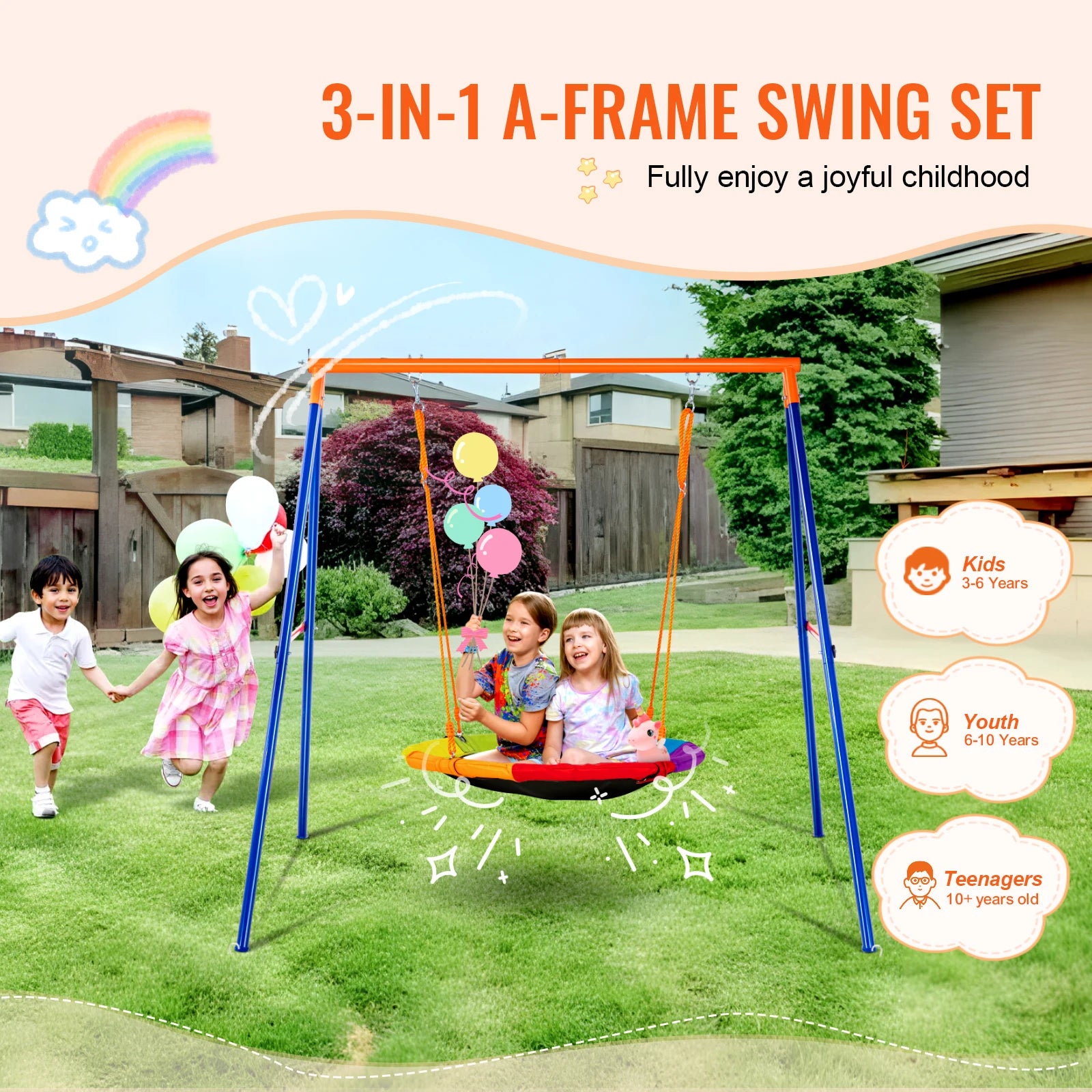 SucceBuy 3-Seat Backyard Swing Set with children playing together in a backyard setting.
