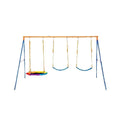 SucceBuy 3-Seat Backyard Swing Set with colourful seats for multi-child outdoor play at home.