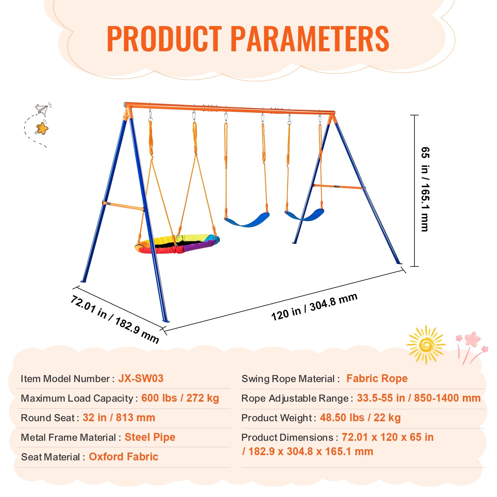 SucceBuy 3-Seat Backyard Swing Set product parameters chart for confirming size before setup.