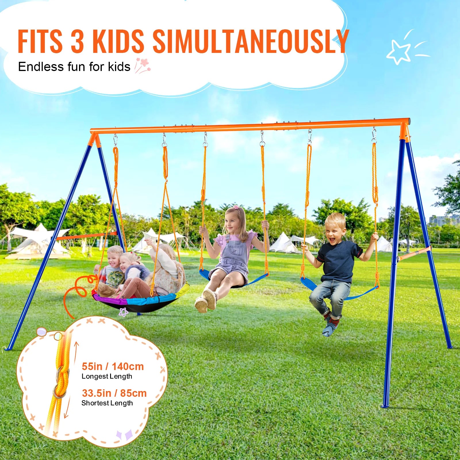SucceBuy 3-Seat Backyard Swing Set built to fit three children playing simultaneously outdoors.