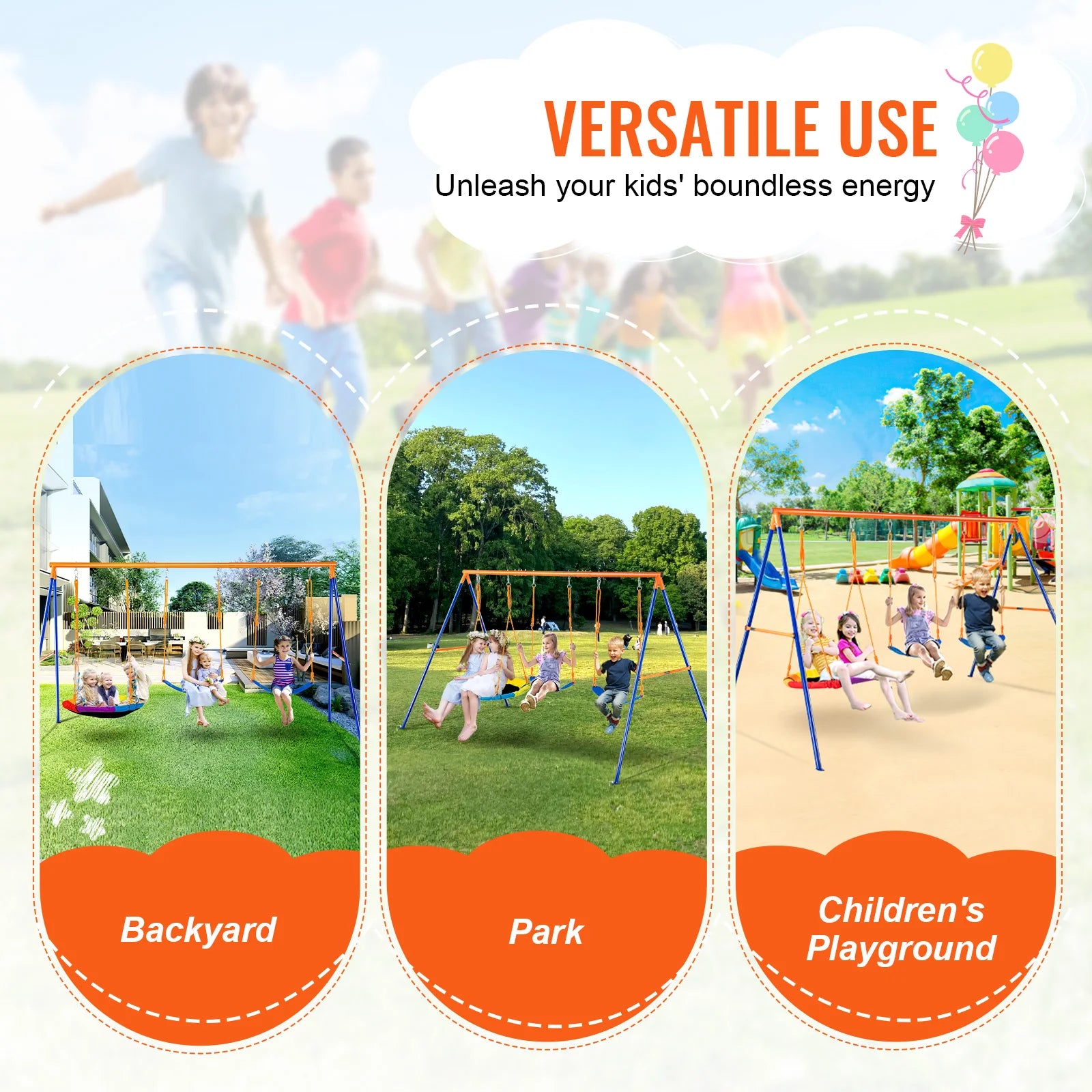 SucceBuy 3-Seat Backyard Swing Set for versatile use in the backyard, park, or playground.