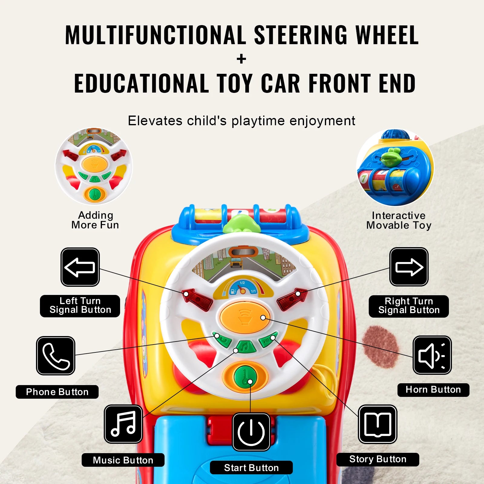 Multifunctional steering wheel educational toy with various buttons and features.