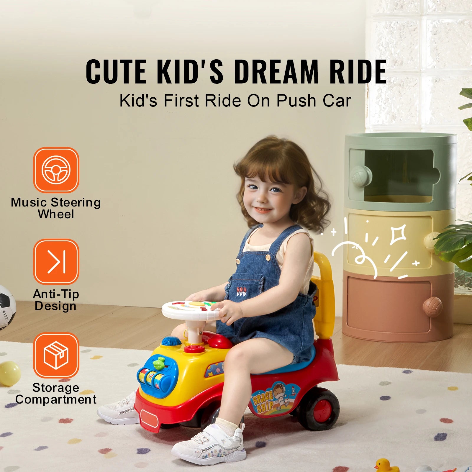 Child playing with a toy push car in a room with a safe and plant.