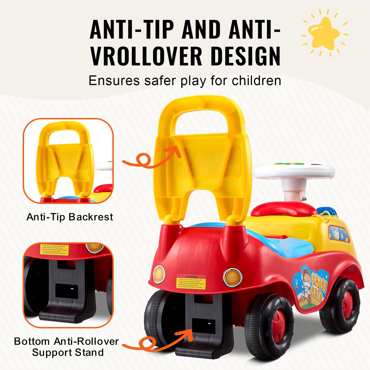 Children's toy car with anti-tip and anti-rollover design features.