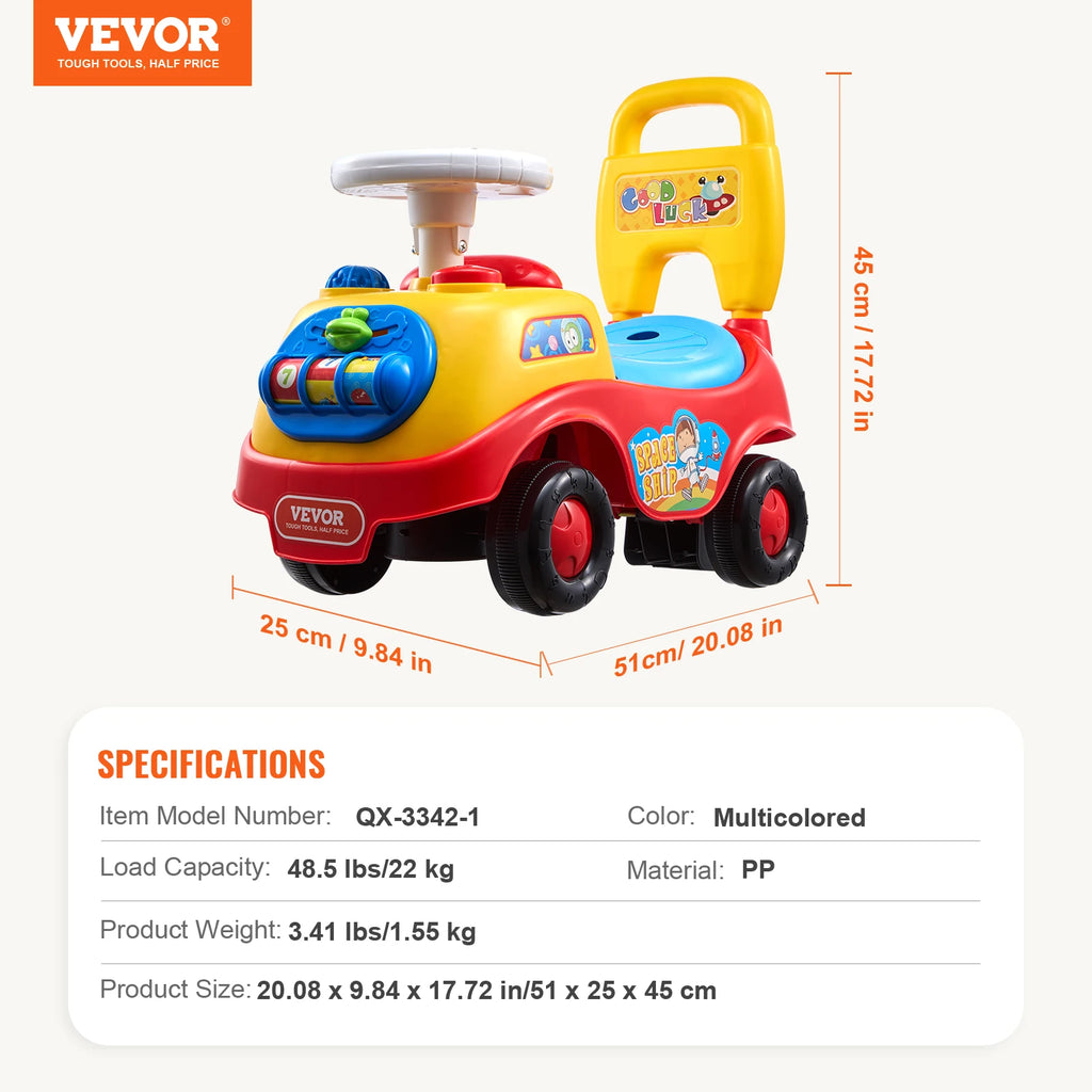 Colorful toy car with dimensions and VEVOR branding.