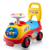 Colorful toy car with steering wheel and seat.