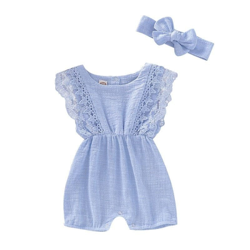 Summer Baby Girl Romper blue fabric texture close-up for breathable, lightweight comfort in hot weather.