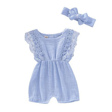 Summer Baby Girl Romper blue matching headband close-up for finishing newborn photo outfits and summer looks.