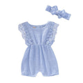 Summer Baby Girl Romper in blue with lace and headband for breathable summer comfort and family photos.