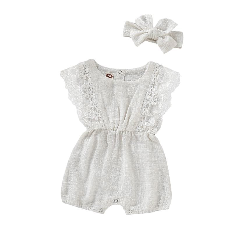 Summer Baby Girl Romper grey matching headband close-up for coordinated newborn outfits and photos.