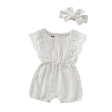 Summer Baby Girl Romper in grey with lace and headband for neutral summer outfits and everyday newborn wear.