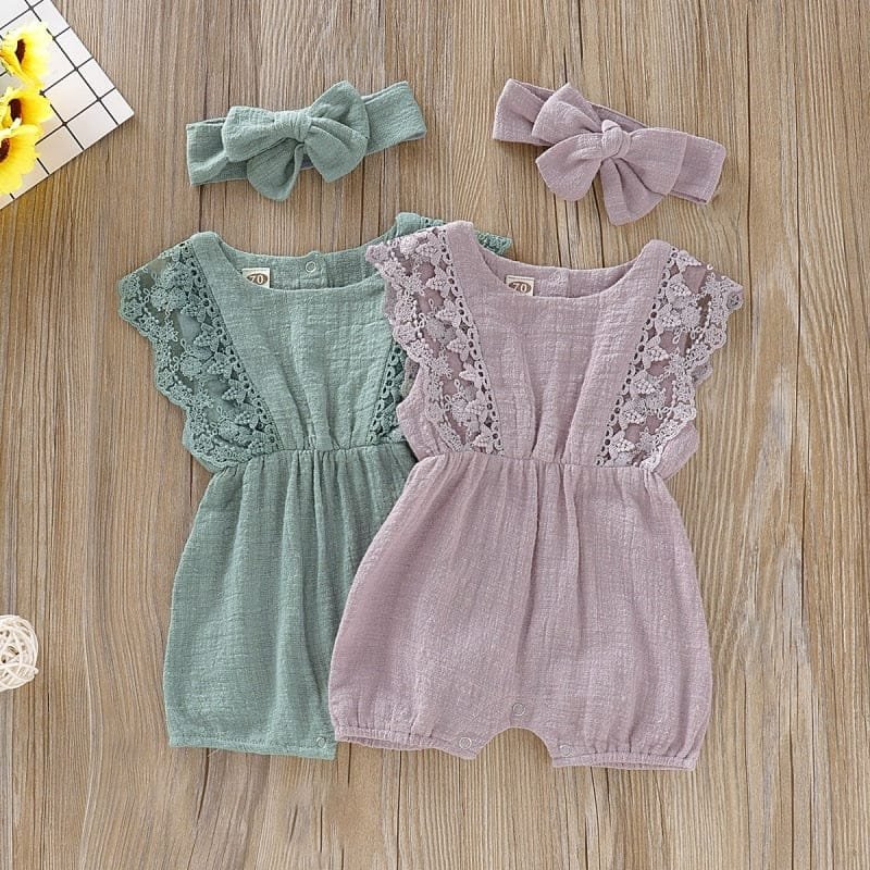 Summer Baby Girl Rompers in green and pink with headbands for choosing summer outfits for newborn girls.