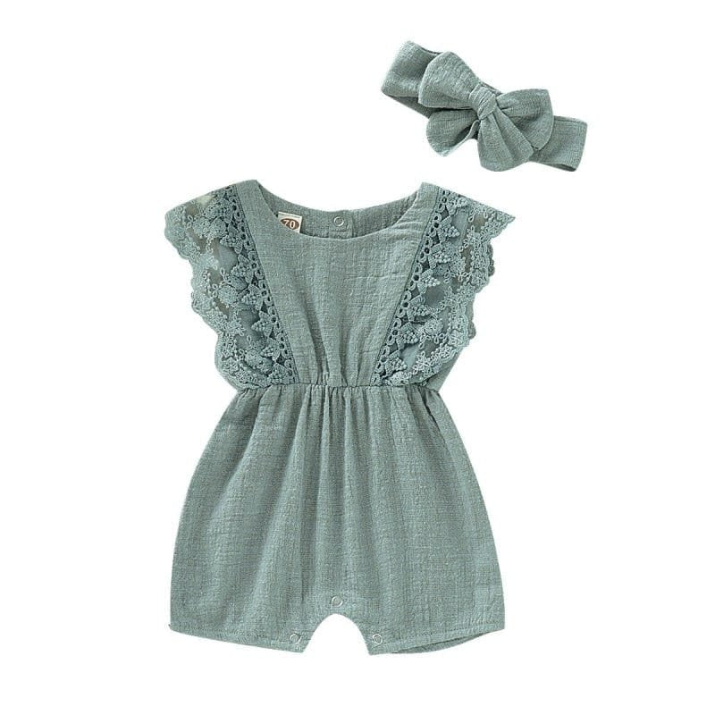 Summer Baby Girl Romper green snap closure detail for fast changes during busy days out with baby.